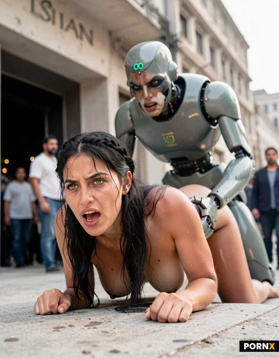 masterpiece, best quality, highres, absurdres, full_body, front_view, doggystyle, robot, male, nude, angry, yelling, looking_at_viewer, wet, retro_futuristic_city, sunlight, crowd, retro_robot, shadows, cinematic, wide_shot, atmospheric, moody, dynamic
