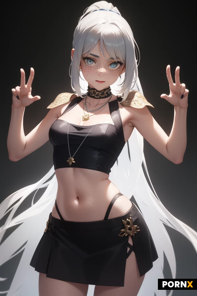 1girl, standing before a black background, busty, cute face, freckles, ponytail, blond hair, Adorable face, sky blue skirt, small silver top, necklace, funny, posing for a model photo, looking at camera, seducing, perfect hands, highly detailed, octane render, cinematic, highly detailed and intricate, rich deep colors, hips up picture