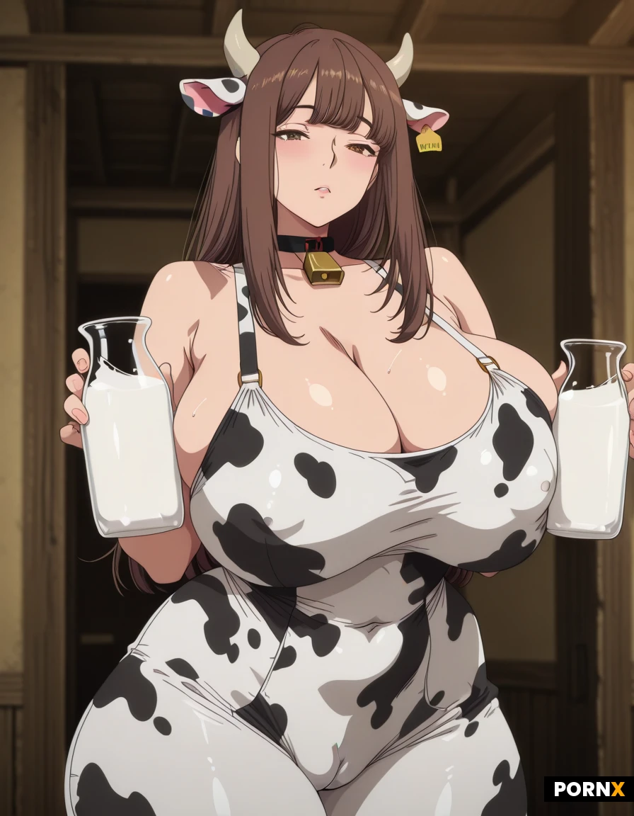 Curvy voluptuous woman. Cow horns. Brown hair. Long hair with bangs. Huge enormous breasts. Cow print romper. Cleavage. Cameltoe. Very wide hips. Holding milk jugs