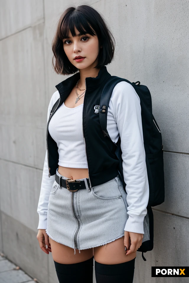 1girl, solo, young-woman, alt fashion, pale porcelain skin, flawless smooth skin, short straight black hair, blunt-bangs, bob cut, large detailed eyes, sharp jawline, slim waist, hourglass body proportions, voluptuous bust, wearing black zip-up athletic jacket, white trim, silver cross necklace, dark denim mini skirt, wide double-prong grommet belt, knee-high socks, black backpack with plush toy dangling. Background of geometric 3D white and grey textured wall panels, flash photography, sharp focus, cinematic lighting.
