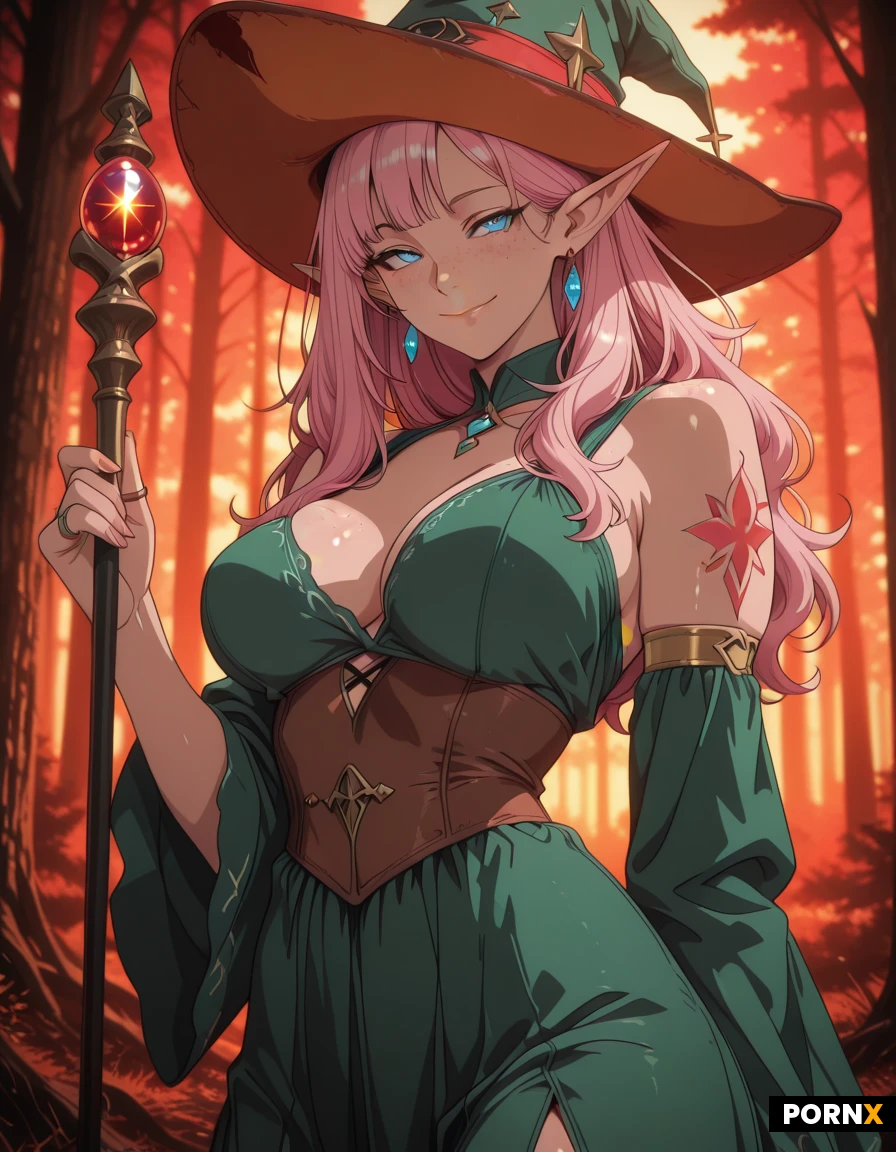 elf, mage, orange mage dress with red stars, hat mage, masterpiece, best quality, highres, absurdres, 1girl, adult, solo, long fluffy hair, pink hair
and in many other colors, blue eyes, skinny, large_breasts, seductive, looking_at_viewer, forest, soft_lighting, warm_lighting, close_up, shallow_depth_of_field, hot elf, skirt, scepter in hand, rings, earrings, neckline, elf village, perfect face, full-sleeve tattoo on the left arm, smile, freckles