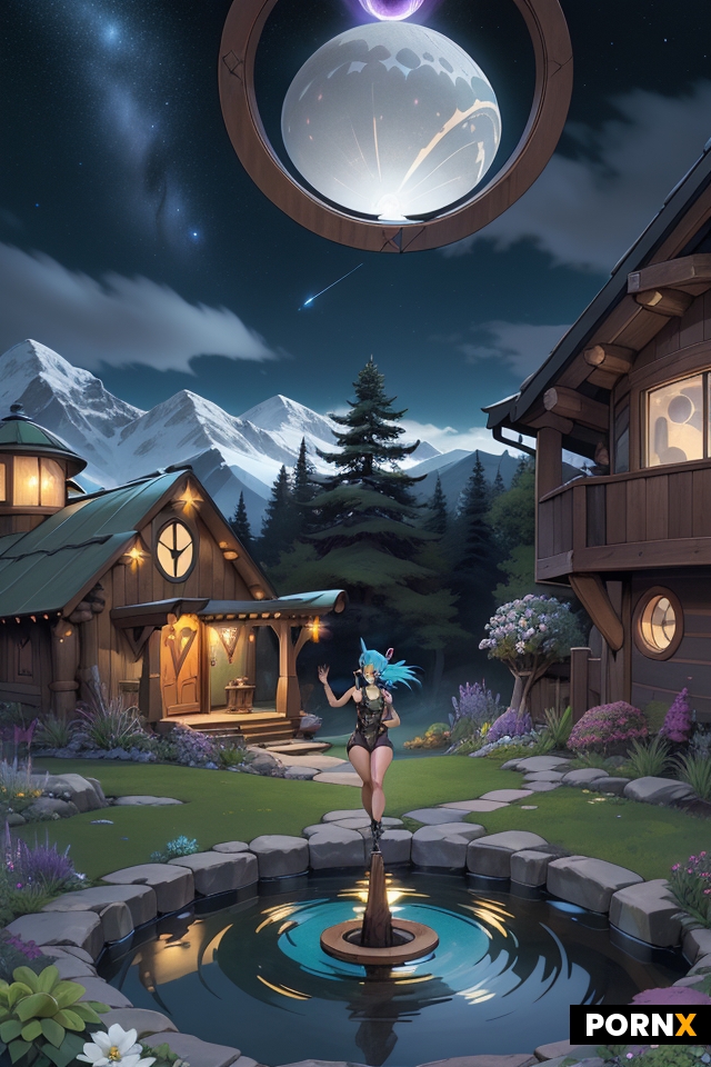 A short sexy goblin woman with pierced ears in front of a futuristic sci-fi style hobbit house in th