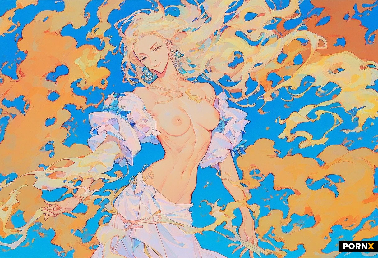 A slender, athletic, cute woman with long flowing platinum blonde hair down to her waist is dancing fully covered by an elegant white robe alone in front of a rainbow coloured background. We see her in mid view, down to the upper thigh. Pale blue and yellow smoke is drifting across the scene.