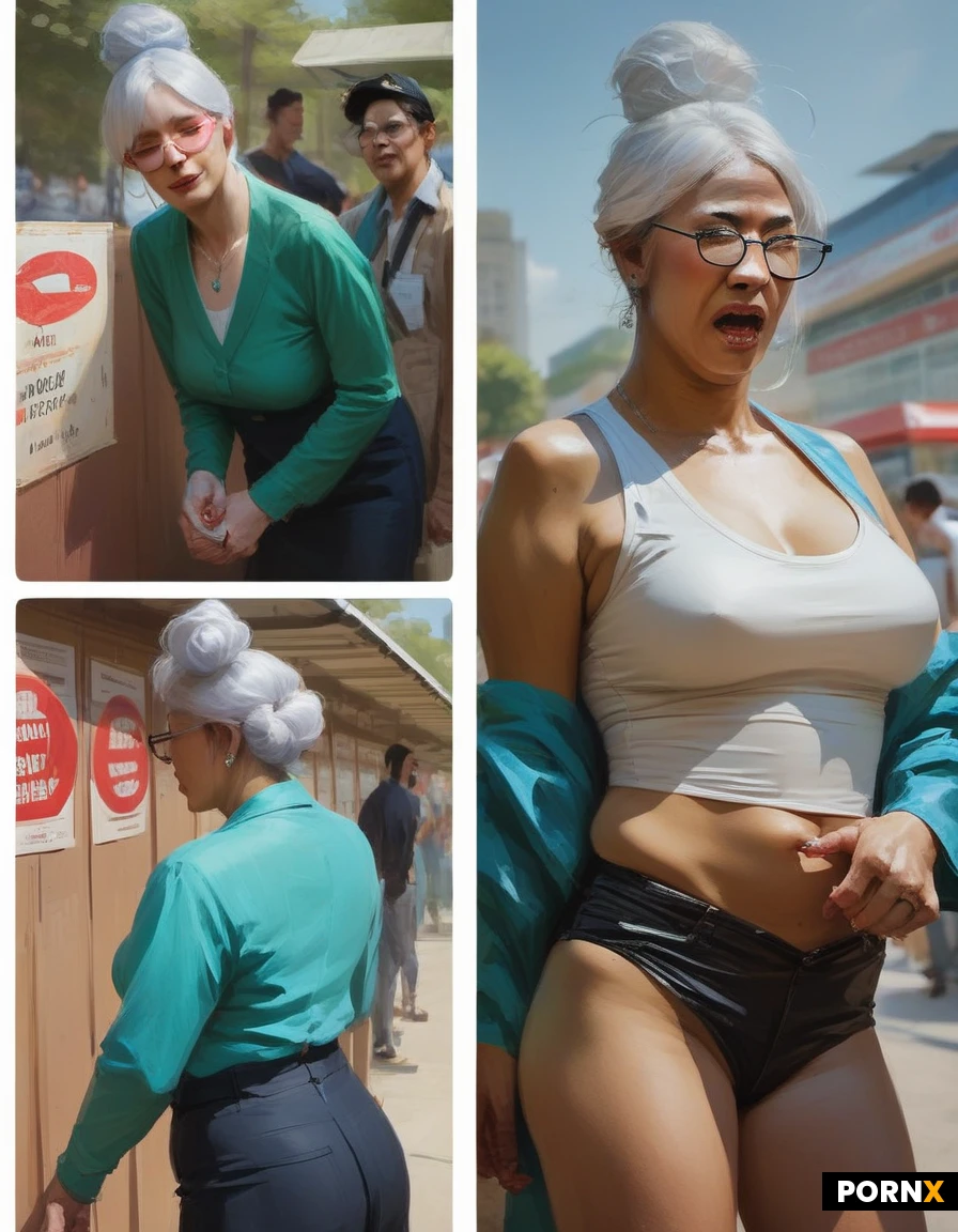 クンニスカートの中/ cunnilingus under,, Hardcore Asian Cosplay Porn, japanese theme,ultra detailed, very clear and detailed faces, high definition, bus stop, Shiraki Meiko, silver hair, hair bun, glasses, asean, クンニスカートの中, the husband is shocked, dynamic angle, multi views