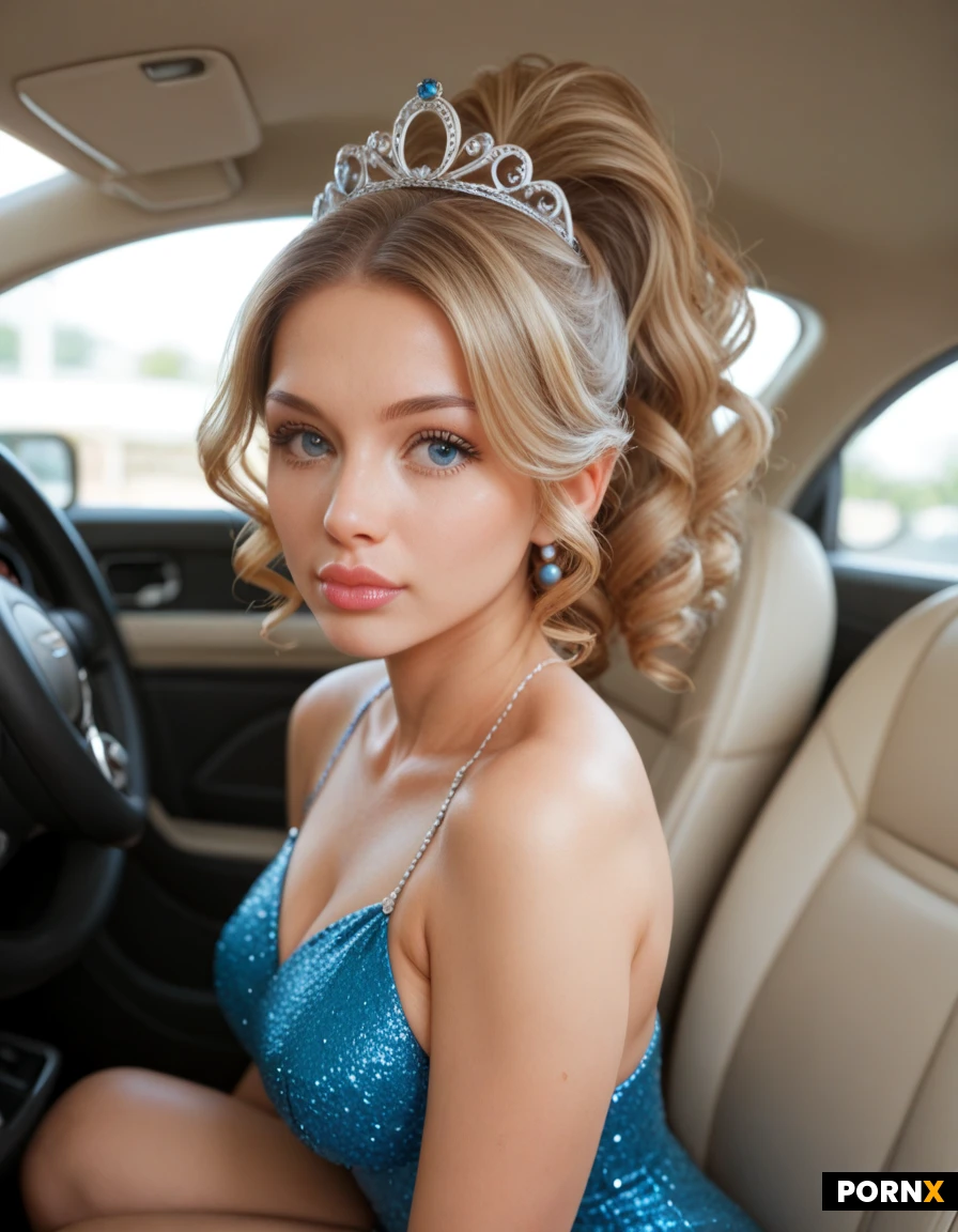 Anime-styled Animation, big head, glitter,, hot pink, anime figure, big eyes, small dress, bobblehead physique, blue eyes, eye sparkle, blonde curly Ponytail, tight fit, tiara, intricate dress, huge lips, inside car,