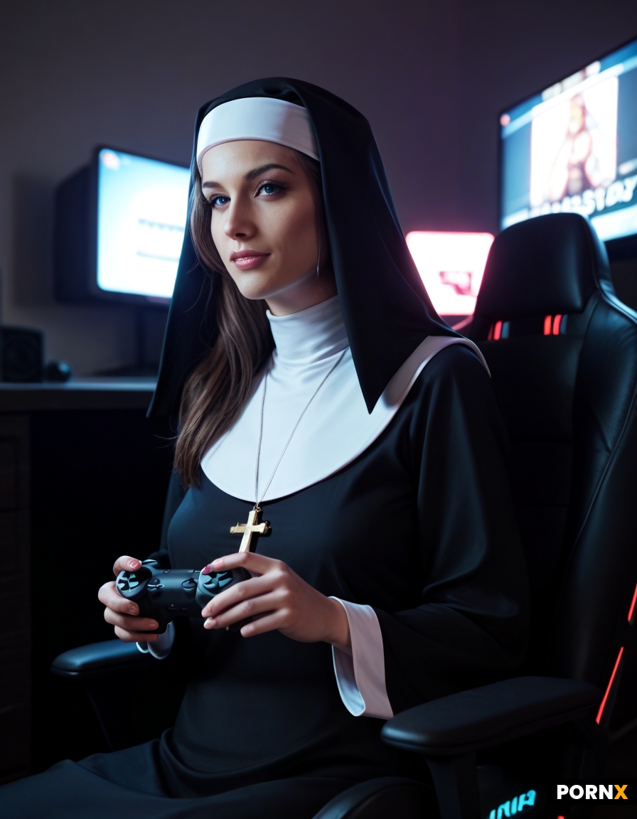 A nun seated on a gamer chair in a gamer lair