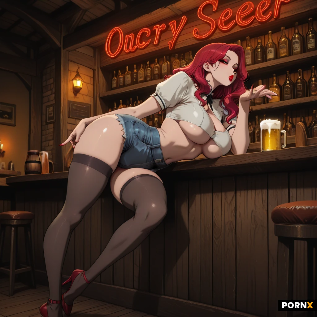 1girl, masterpiece, best quality, ultra detailed, photorealistic, personification of eroticism, ultimate seduction, maximum arousal, pin-up, gorgeous face, heavy makeup, red lipstick, smoldering gaze, bedroom eyes, (voluminous hair:1.2), wavy hair, victory rolls, wearing skimpy beer woman costume, crop top, deep cleavage, large natural breasts, underboob, tight denim shorts, thighhighs, high heels, waitress, leaning over counter, arching back, suggestive explicit pose, explicit masturbating, hand on clitoris, blowing kiss, beer bar, pub, tavern, vintage neon signs, glowing beer taps, wooden counter, dim lighting, moody atmosphere, smoke, vintage interior, retro aesthetic, cinematic lighting, rim light, soft glow, depth of field, sharp focus, high resolution