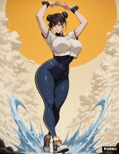 Subject: A full-body digital art illustration of a muscular female martial artist in a dynamic airbo