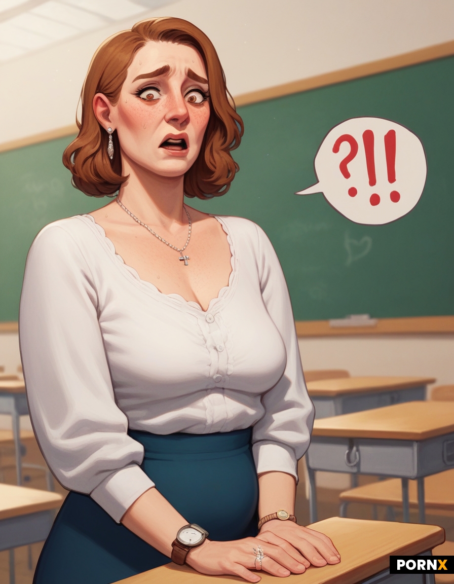 OlderMarried frumpy teacher in 80's teachers clothes standing in front of a classroom