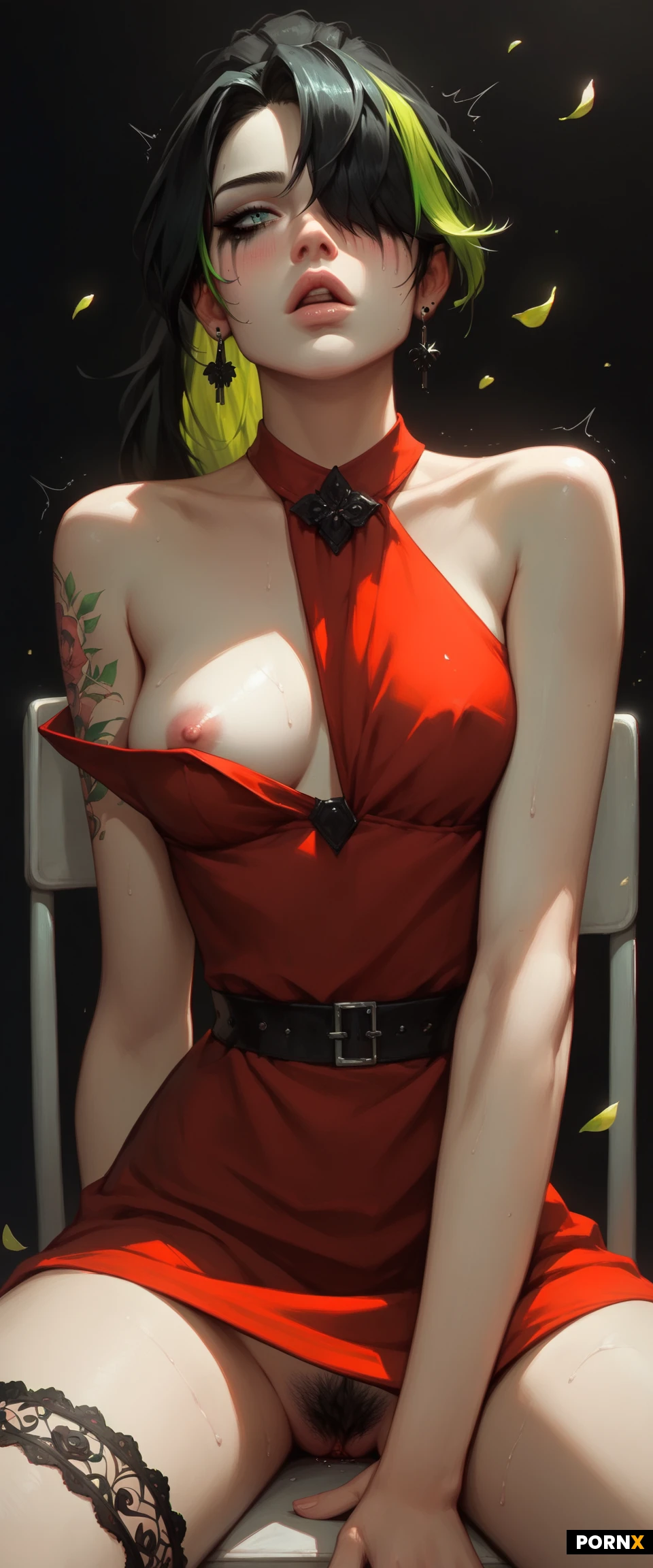 score_9,score_8_up,score_7_up,
((german,charcoal bangs,black hair with green highlights,ponytail)),jade eyes,one eye covered
,Female,cute,(horny),((pale ceramic skin:1.2)),highly detailed face,highly detailed eyes,smeared mascara,highly detailed nipple,curious,good view,incredibly detailed,professional colorgraded,advanced shadows,meticulously created,perfect masterpiece,alone,black background,close,dutch angle,((asymetric))dappled light,realistic texture,advanced physiks,((beautiful hair)),black flower dress,teardrop shape,petal halter style,sweaty cleavage,long slit dress,((small sweaty natural sloped breasts)),wide hips,pretty pink nipple,((show downblouse)),sweet nipple,much exposed skin,((close angle)),close face,spread up dress,pull aside top,wraped around leg,leaning,squishy sideboobs,twitching,wet,((highly detailed areolas)),hair ornaments,silk gloves,lavish earrings,porcelain like skin,twitching,red lingerie,teasing,lusting,aroused,lace thighband,tattoo,push one breast out,below view,nipple slip,((hand in pubic hair)),flirting,close,sit in chair,(masturbating),(((orgasm face))),loud,moaning