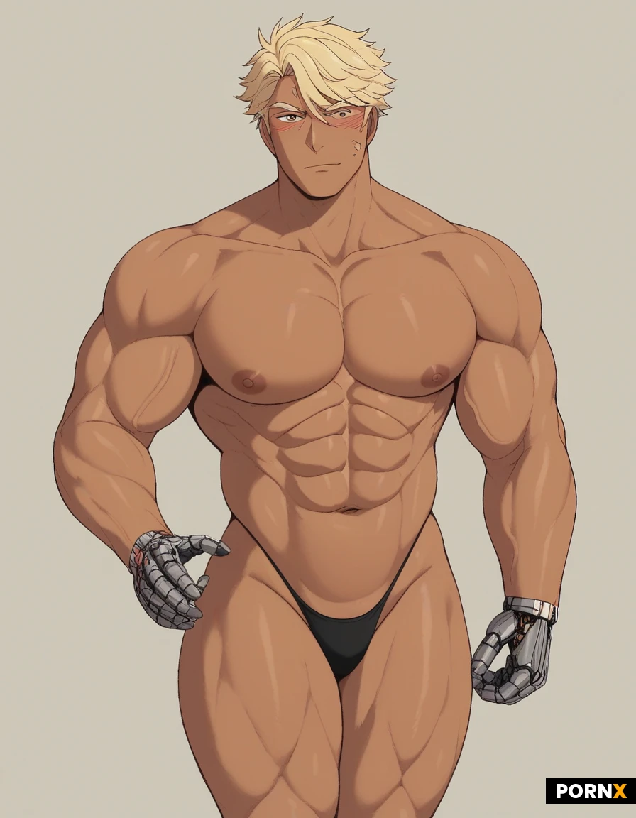 (towering 6'9" tall). Pecs. Buff athletic muscular. Swedish. Genderfluid. crossdresser.. (LGBTQ Pride flag). Anime. Thong. Wavy bangs hair. Bulging veins. Tan skin. Heavily makeup. (God body). Swole brawn physique. (Cyborg skin)