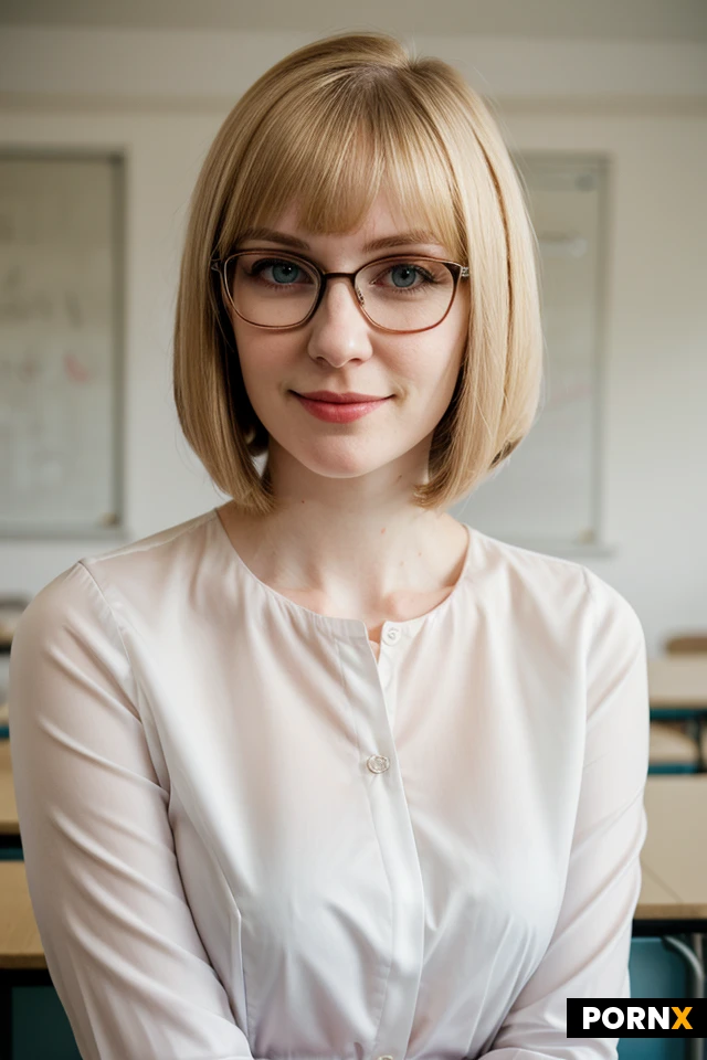 A confident thirty year old woman, with a blonde hair and a bob cut, pale skin, a cute face and seductive smirk, wearing glasses, teacher clothes and a blouse