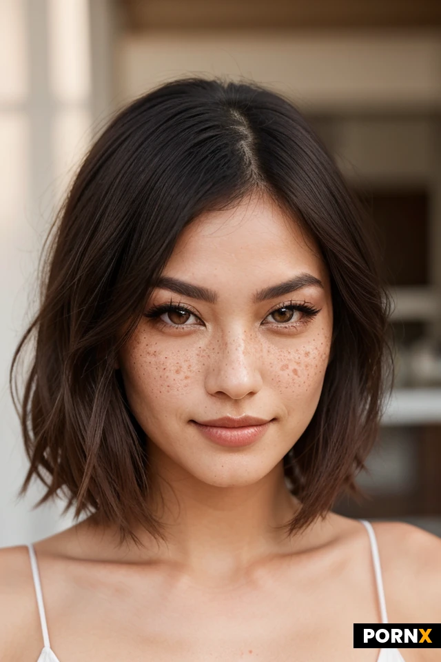 The subject is a half asian half latina woman She has a heart-shaped face with high cheekbones and a delicate jawline. Her eyes are a warm, deep brown, almond-shaped, and framed by thick, dark lashes. She has full lips with a natural pink hue and a slightly upturned subtle smile, conveying a sense of quiet confidence and approachability.
Her hair is a rich, dark brown, long and straight, falling past her shoulders with a fringe of blunt-cut bangs that just graze her eyebrows. Her skin is fair with a healthy, rosy flush on her cheeks, and a few faint freckles are visible across her nose. The natural lighting is soft and diffused, coming from the side, creating subtle shadows that highlight her facial contours without being harsh. The overall aesthetic is natural, relaxed, and effortlessly beautiful, with a touch of bohemian charm.