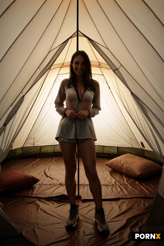 (low light image:1.7), View from inside a dry and cozy tent, ((full body view)), campsite in constant rain, muddy weather, 30 years old, muscular, extremely small sagging breasts under hiking shirt, flat chest, ultra realistic skin, smiling, stunning, sexy, hot, brown hair, (Long Layered Bob:1.2), totally wet hair, sitting inside the tent, wears a tan cotton hiking shirt that is soaking wet and sticks tight to her skin, showing her shape, a thunderstorm is approaching, (lightning strikes:1), it is dry and cozy inside the messy tent, (dry and cozy tent interior:1.2), focused body, small colorful LED lamps give warm light, perfectly lit woman, hvrn, heavy, rain, <lora:MJ52:.8>, ((see-through))