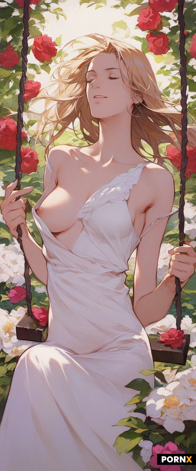 Fate stay night anime style woman sitting on swing in a garden
