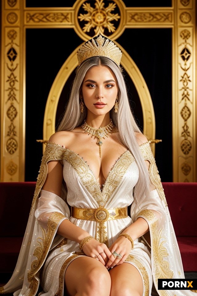 Seraphina VI’s ceremonial presence is striking: she is enveloped in a voluminous