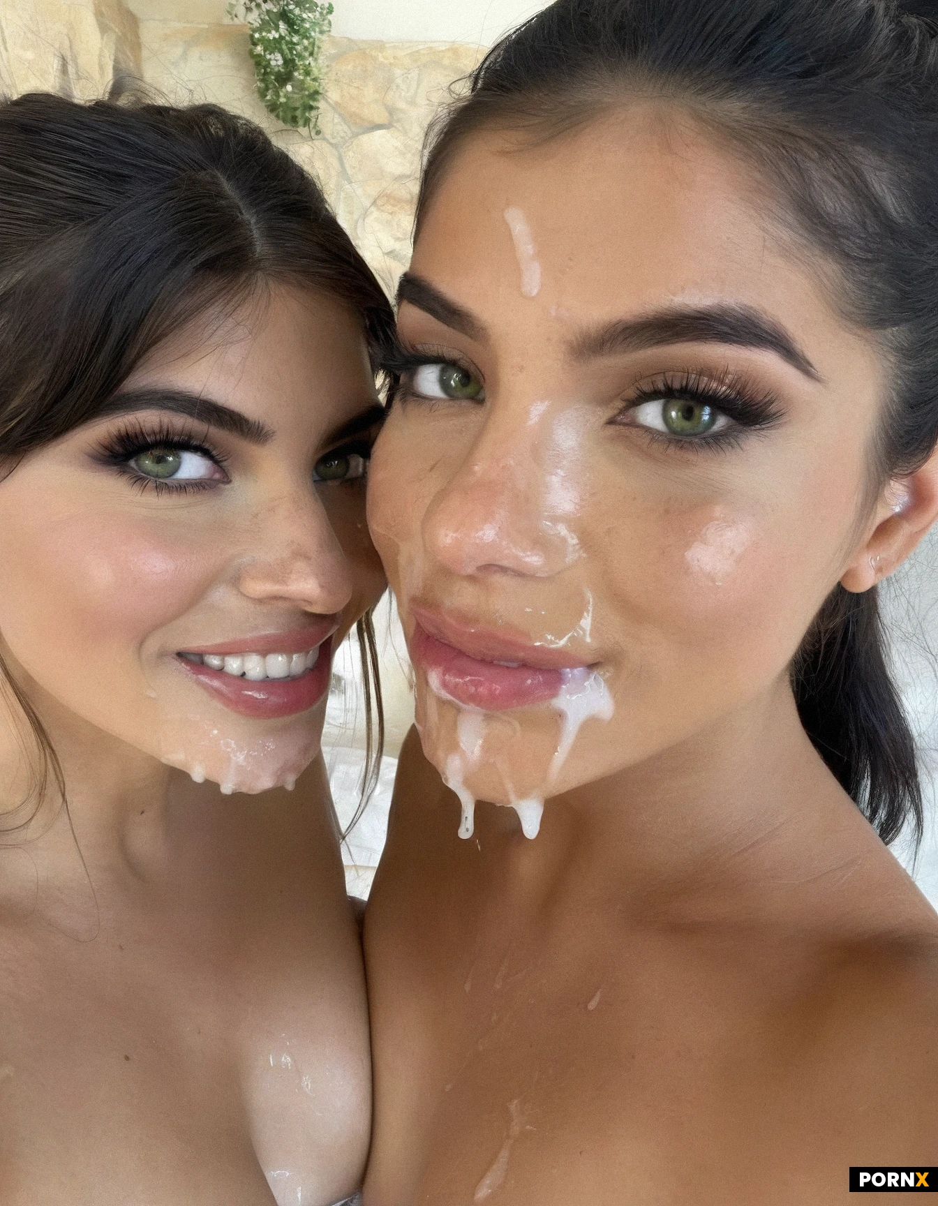 Two Females, black hair, tanned skin, skinny, , 18-year-old, beautiful face, green eyes, ponytail hairstyle ,front view, cum on face, , ,arabic,sperm on face,selfie