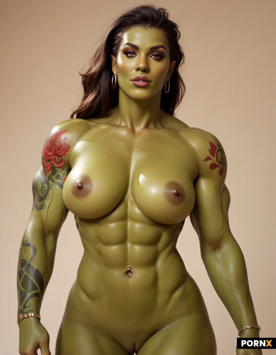 Half-orc woman. Beautiful. Green skin. Muscled. Strong. Naked. Red tattoos.