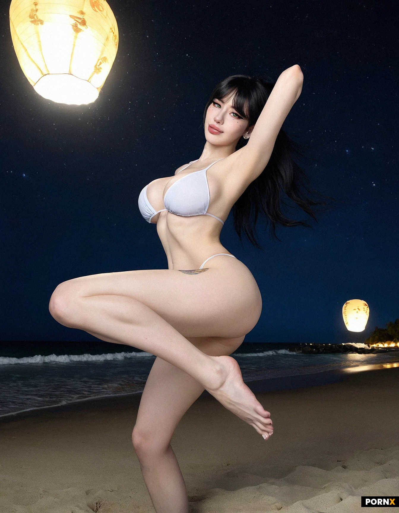 A beautiful adult woman with almost albino very pale white skin covered in freckles (including on her large bust and shoulders) showing feet soles, long black hair with bangs, bright blue eyes, thick black eyeliner and light violet eyeshadow, septum circular barbell piercing and snake bites piercings. Slim with huge natural tits. She is wearing a white bikini showing tits and ass, (big light-colored tits areolas, almost blended with skin tone). She is winking one eye, sticking her tongue out with a coquettish smile. Pose: legs raised high above her head level, (soles of her feet in extreme close-up foreground occupying a large portion of the lower frame:1.4), her body and face visible further back in the midground. Night beach scene with starry sky, several glowing paper lanterns on the sand, ocean waves in the background, soft lantern and moonlight lighting. Realistic detailed photography style.