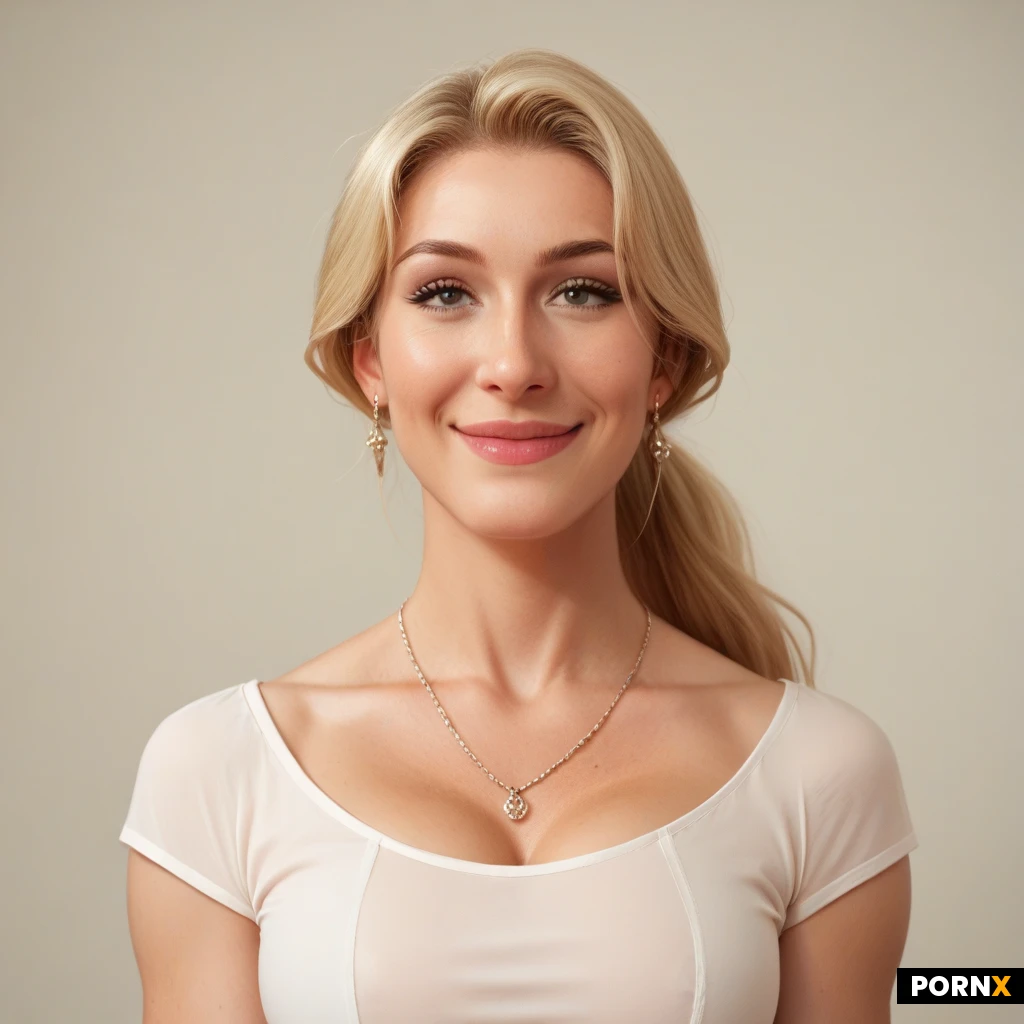 A cute blonde, athletic with long blonde hair in a ponytail, is facing the camera, smiling and talking. We see her just from the head down to the waist. She is wearing a loose white blouse and is massaging someone who is out of shot, and we can't see.