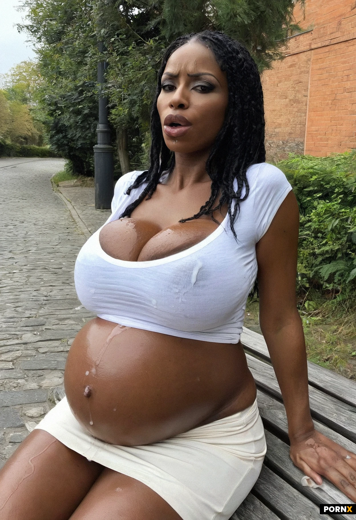 Walking by Pregnant woman with giant tits sitting on a Street bench.Cumshot on pregnant belly.white top with tight skirt. She IS looking at me angry and tired. Leaking breastsmilk through the wet top.curvy.full dressed. Huge belly.tits bigger than belly in clothes. Round belly. Gigantic XXL breasts covered in a Summer top. .25 years old from Kenia.black skin.