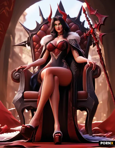 A demon or devil queen seated on a carved stone throne