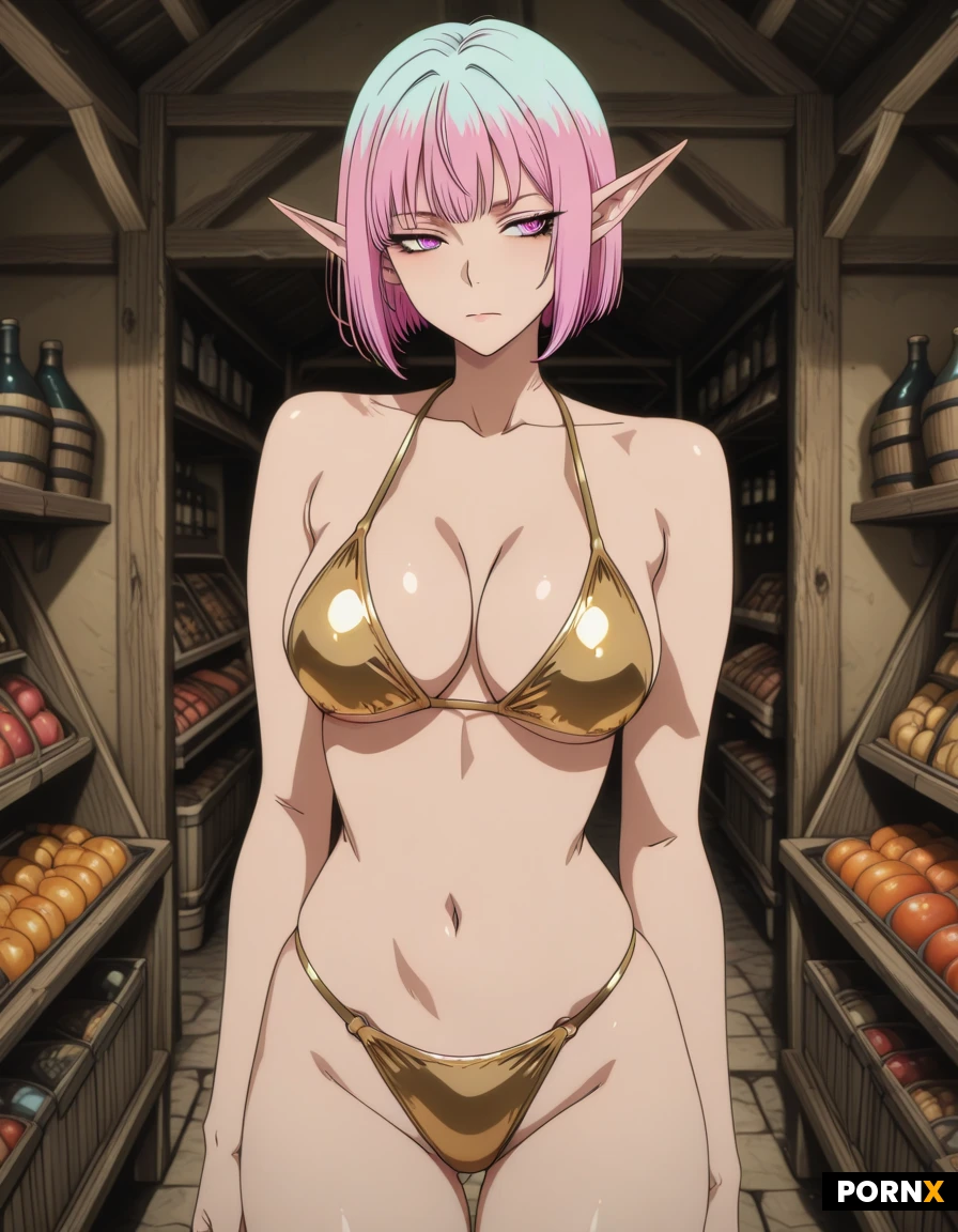 Elf and Goblin hybrid. Short colored hair. Wearing a gold bikini. Dressed. Standing in a market outside