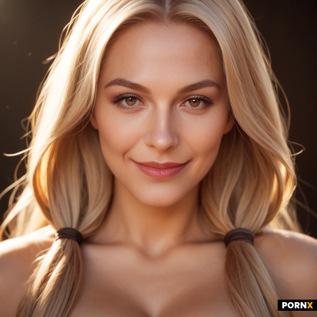 24 years old woman. Fair white skin, brown eyes. Blonde hair, long hair, large pigtails. Slight smile. Facing the viewer, looking directly at the viewer, head straight, direct eye contact, upper body visible, cleavage. Average body, average breasts. Nude. Fantasy character, detailed face, expressive eyes, clean rendering, soft cinematic lighting, simple neutral background.