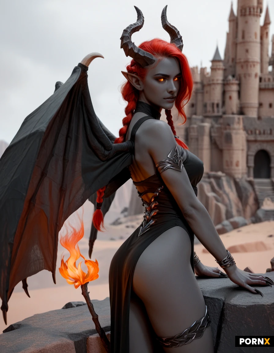 30yo Russian/Scandinavian elf, charcoal-gray skin, desert mountain castle, medium breasts, flame-red hair, braided, (charcoal-gray skin:1.35) (flame-red hair:1.35), horns, claws, glowing amber eyes, sexy adventuring outfit, wings, firm buttocks