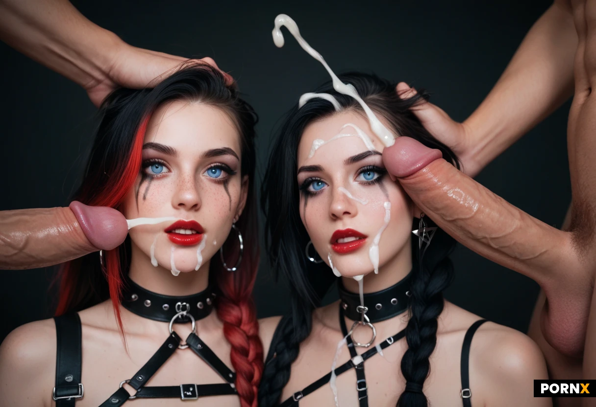 Basic Promt: Prompt Sexy slim model,22 years old,race: scandinavian. skinny,(face:1.9),long black hair. braided hair with red highlights, blue eyes,big eyes. pale. freckles. goth. running mascara. spike chocker. leather chain harness. garter belt. lace gloves. red lipstick. 2 girls. threesome.
ultra closeup portrait. moaning. eye contact. pentagram earrings. holding head. cum drooling. facial. huge hairy dick cumshot. cum on hair. cum on face.