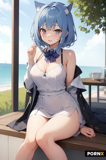 エロい制服でかわいい、水色の髪の女の子で恥ずかしそうに乳首やまんこが見える状態の画像を出力して