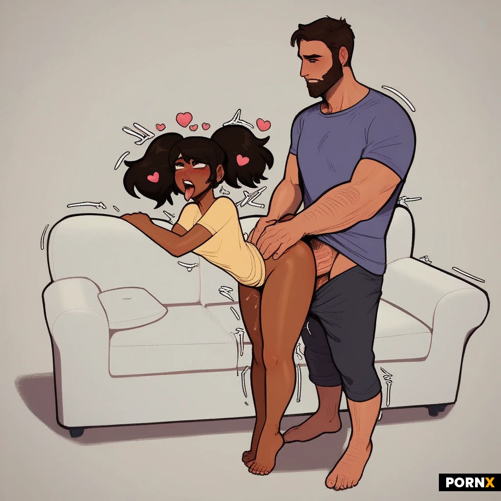 beautiful latina woman, long dark hair with bangs, slender body, small breasts, tanned skin, standing doggystyle, bent over, from behind, sex, oversized shirt, bottomless, no panties, bare legs, modern living room, large sofa, big windows, natural daylight, masterpiece, best quality, highres, absurdres, 1boy, 1girl, tall_boy, huge_cock, short_female, pigtails, caucasian_male, beard, size_difference, height_difference, full_body, total_body, full_figure, tiny_female, tiny_face, very_short_female_legs, shortstack, perfect_shortstack, narrow_waist, compact_body, compact_perfect_body, ahegao, heart_eyes, smitten, tiptoes, tippy_toes, wide_shot, long_shot, bird_shot, on_top_of_her, side_view, arched_back, standing_behind, leaning_over, leaning_forward_on_she, leaning_over_her_back, towering_over, trembling, his_chest_against_her_head, hugging_from_behind, small_female, hands_resting_on_sofa, man_sefie