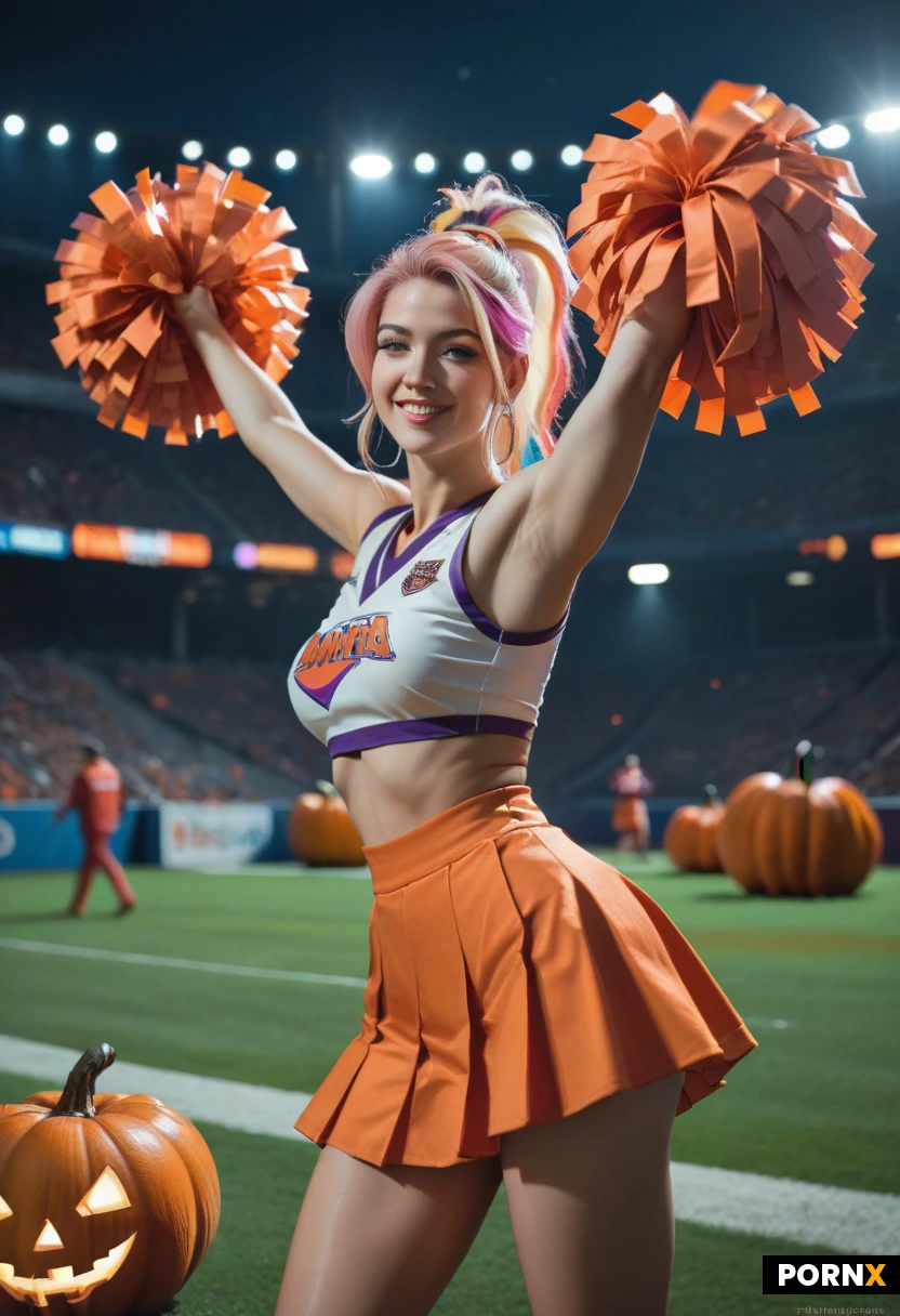 (a hot slutty bimbo cheerleader, (thin build:1.4), medium rounded breasts, cute face, (extremely thin waist:1.5), small rounded ass, pronounced thigh gap, (very long messy blond hair with pink highlights), pale skin, big purple eyes, ear piercings, very seductive looks), Stadium decorated for Halloween, carved pumpkins, standing, Halloween themed uniform, exposed abs, facing viewer, orange pumpkin pompoms