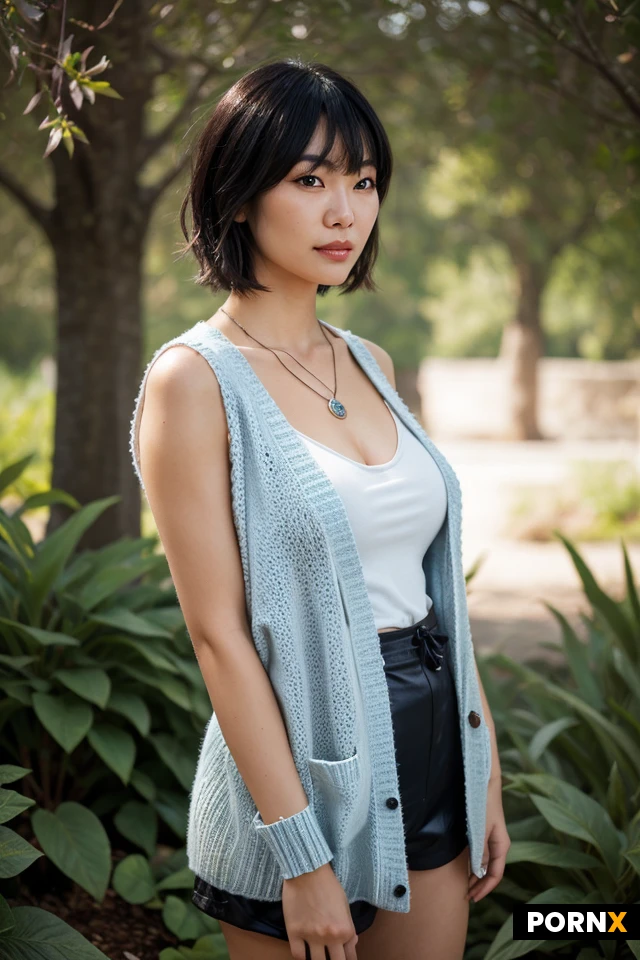 A high-detail, photorealistic cosplay portrait of a East Asian woman, dressed a fantasy character. She is wearing a long, sleeveless light-blue rib-knit duster cardigan over a black bodice, paired with dark shorts and matching light-blue knit arm warmers tied with black ribbons. Her dark shoulder length hair is straight with warm caramel highlights and soft see-through bangs. She is wearing a silver ring pendant necklace. Serene expression, dramatic cinematic lighting, outdoor fantasy garden setting, highly detailed textures, 8k resolution.