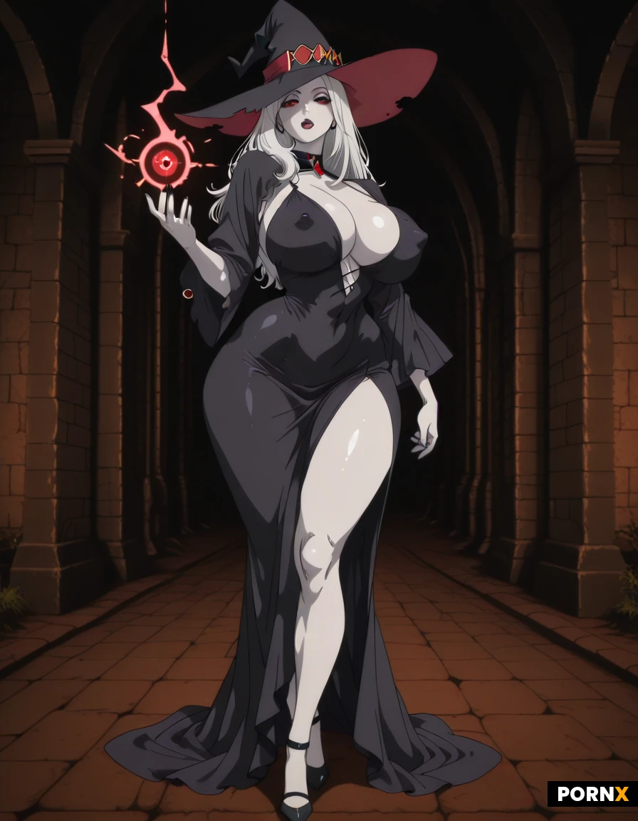 A sexy witch with long, messy white hair, a black witch hat, red eyes, dark makeup, pale skin, soft lips, full lips, huge breasts, erect nipples, curvy body, full body, abs, wide hips, huge ass, wearing a sexy witch dress with cleavage and exposed legs, casting a spell in a dark dungeon