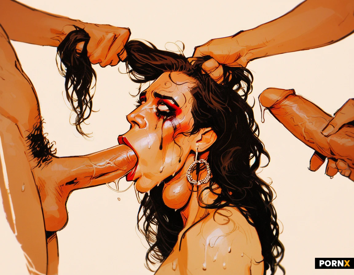 Heavy makeup, sweaty perspiring, sweat dripping from face, Whore, elaborate hair, jewelry, spitroasted, gangbang fucked, orgasm expression, open mouth, eye roll, limbs outstretched, skinny, perky medium tits, bukakke, ultrarealistic, hyperfocus resolution, double vaginal penetration, blowjob, deepthroat, throat bulge, eye bulge, red face, handjob, grabbing tits, grabbing hair,