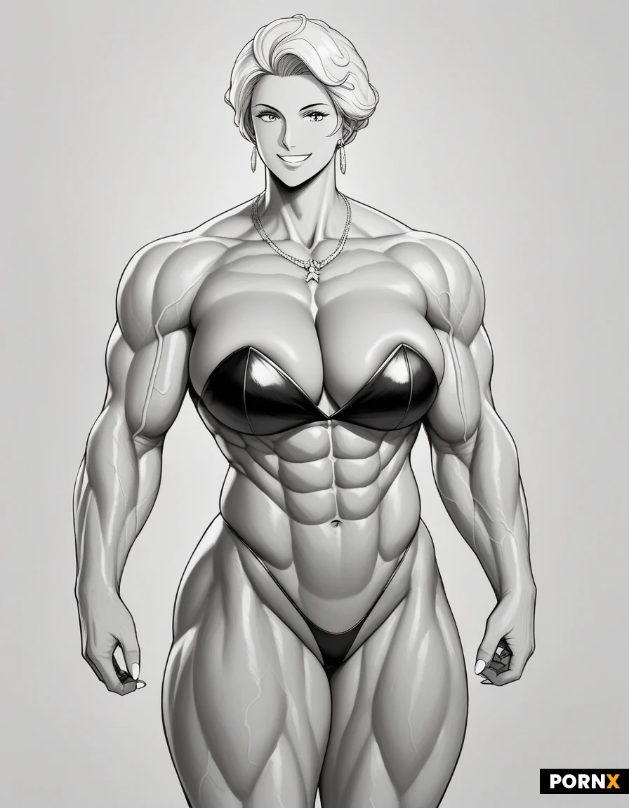 Anime cosplay. Big natural breasts. Cleavage. (Muscular :1.6) goddess appearance. Glamour. Buff. (Big thick body). Smile. Thighs. Steroid bulging veins. G-string