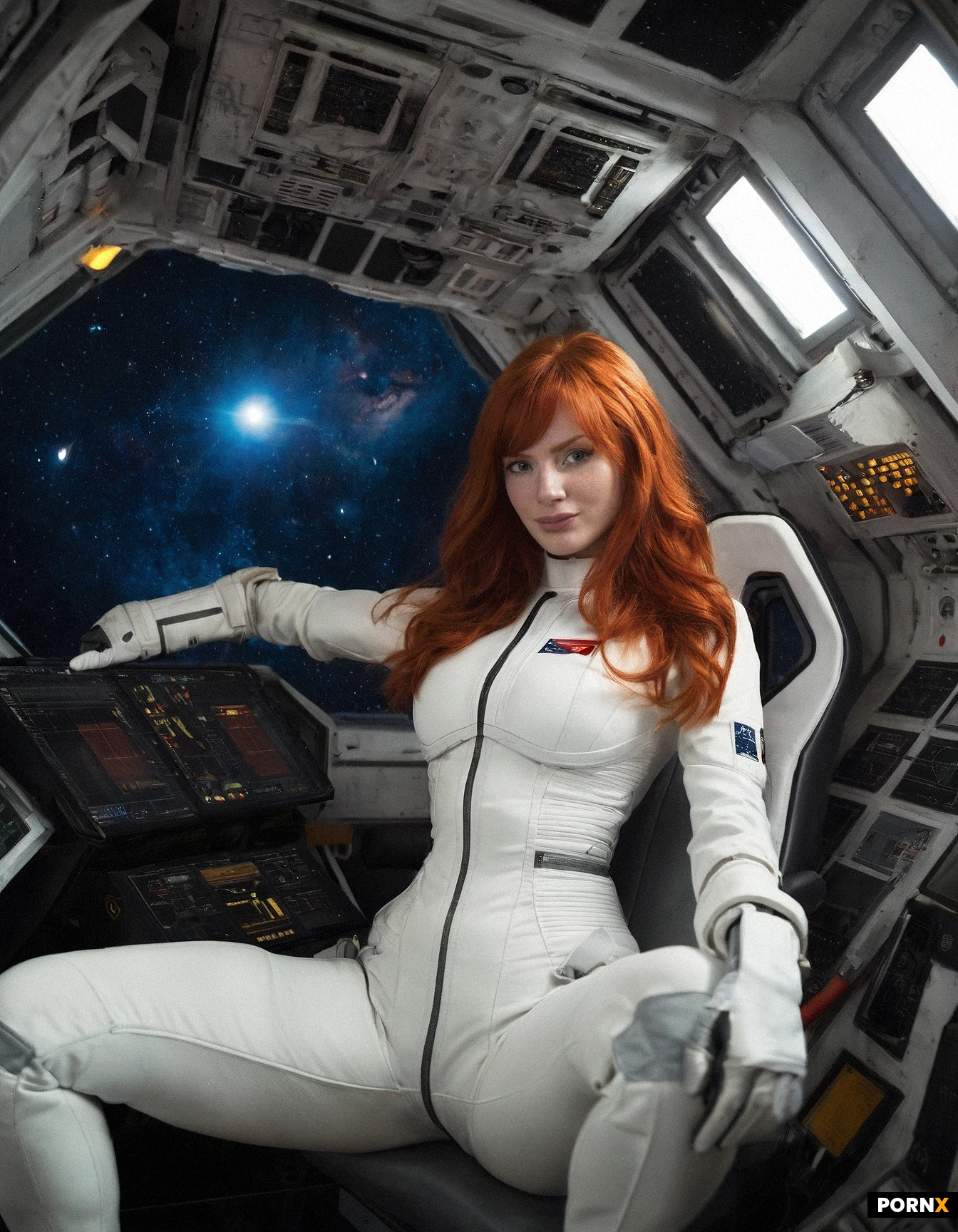 21yr old British redhead coworker onboard deep space mining ship in tight spacesuit top in cockpit of futuristic shuttle. Thin face, super thin body, submissive pouty smile. dynamic angle, male POV, soft glow, dim lighting. Action: hotsquat, cowgirl.