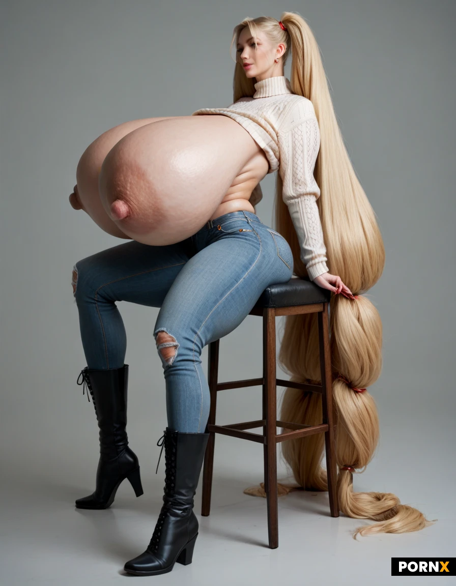 very beautiful blonde German girl with ultra extremely long pigtails with extremely gigantic fat saggy tits to belly button and extremely wide hips and long legs in jeans and sweater and overknee leather boots,(Extreme Massive and extreme abnormal saggy down dangling and macromastic breasts),(Extreme long blonde pigtails),sitting on a chair,side view