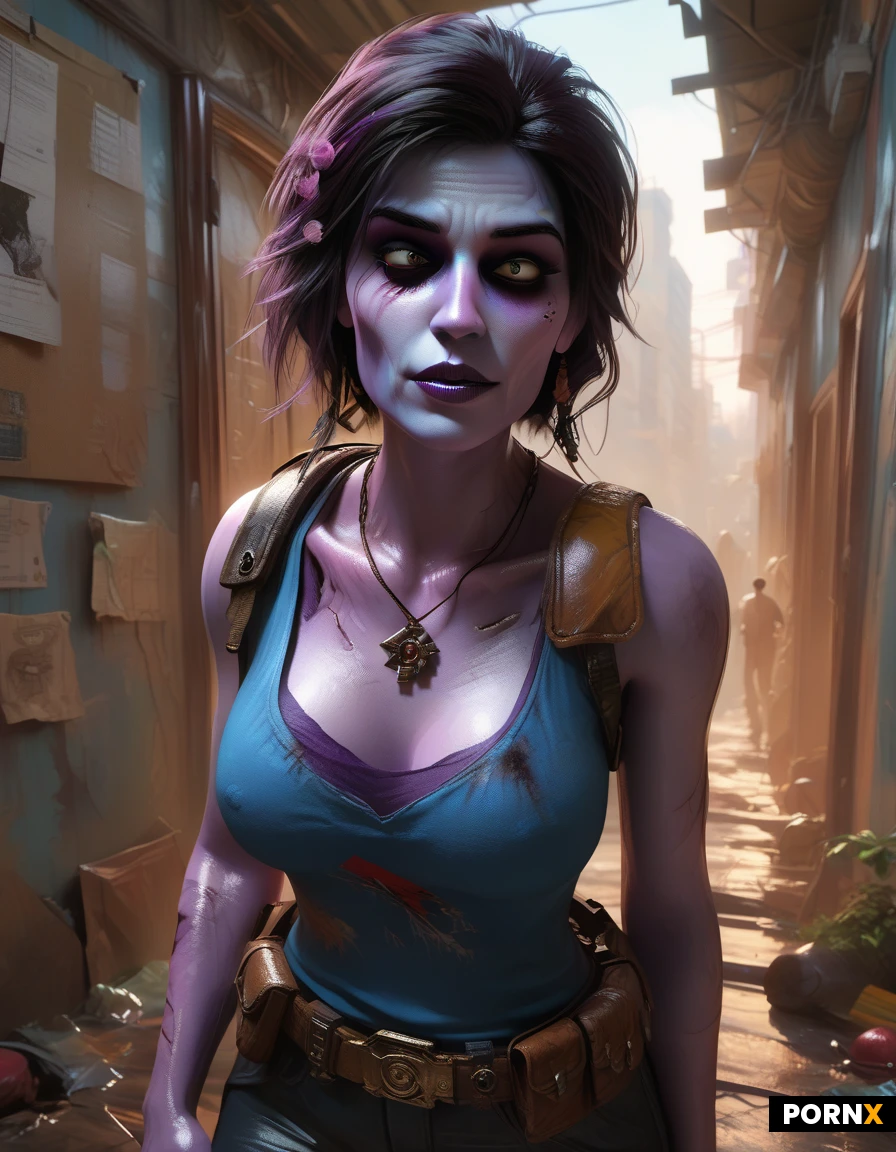 high definition ,super realistic, pretty woman survivor walking in zombie apocalypse, pretty face, short brown bob hair, blue tank top, a tactical shoulder holster, necklace, a purple sweater tied around her waist, rugged dark pants, , background, abandoned hospital, zombie outbreak, detailed face, detailed, dynamic angle
