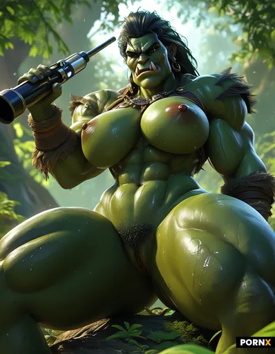 An imposing but attractive orc woman in her thirties with dark green skin glistening with sweat