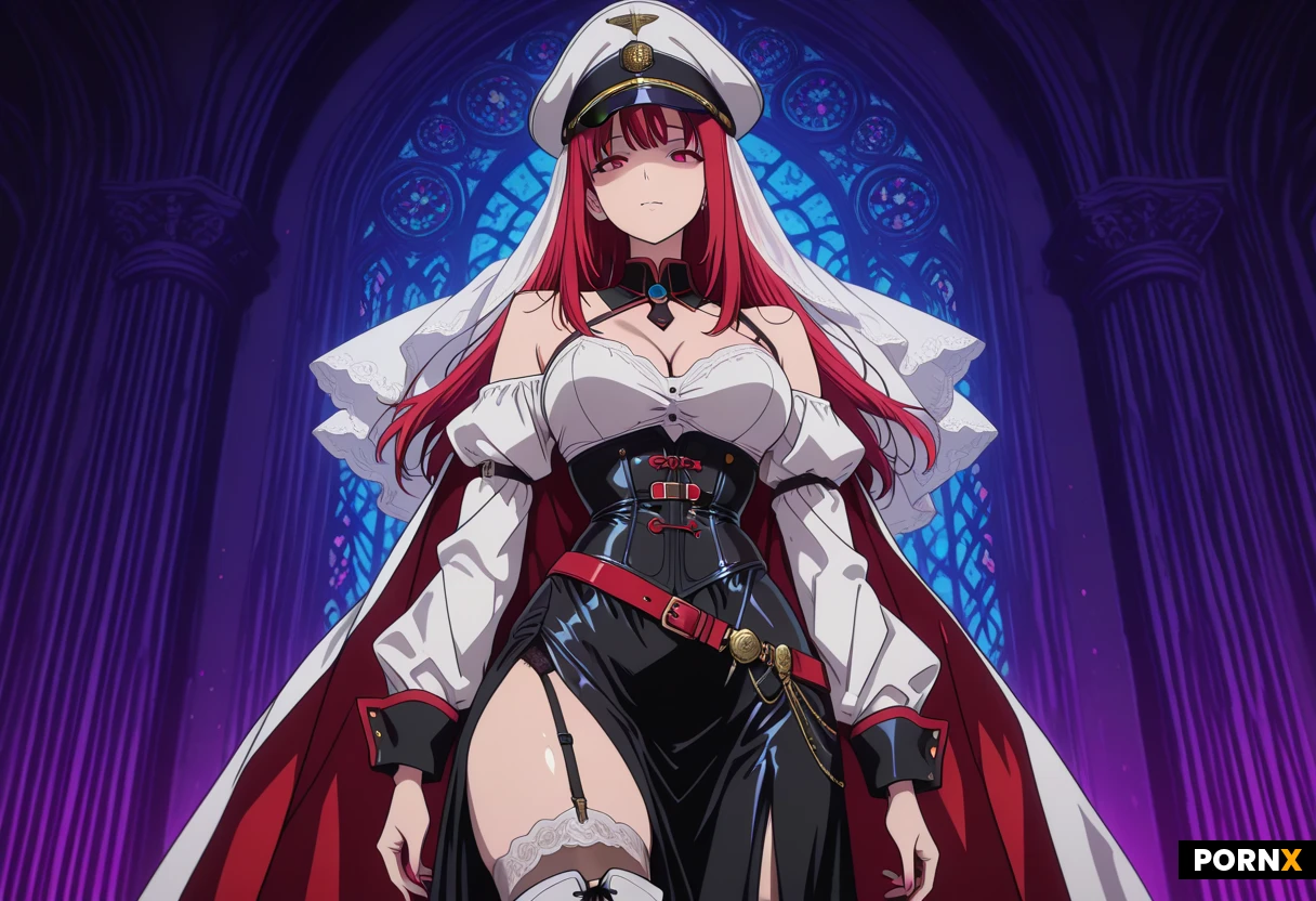Rendered in vibrant MOE anime style with crisp linework, glossy cell shading, and rich, saturated colors. vector.high_Quality_eyes,high_Quality_image,high_detailed_image,high_detailed_face,fantasy,(MOE_anime_style).Fitted bodice / corset-style bodice — the blue-and-white upper section,
Deep V neckline,
Off-shoulder / shoulder-draped sleeves,
Long detached sleeves with fitted cuffs,
High-waist design,
Asymmetrical split skirt / open-front skirt,
Long cape or mantle attached around the shoulders,
Decorative waist belt / cincher,
Metallic medallion ornaments around the waist,
Tabard-like front panels,
Thigh-high stockings or thigh-high boots underneath the split skirt,
Tall military-style peaked cap,
Long veil/fabric panels falling from the back of the hat,
