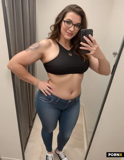 Photorealistic full-body mirror selfie of the same adult woman from the reference photos