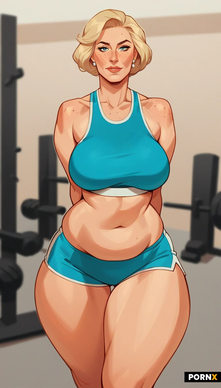 Woman,American,White,40 years old,MILF,sexy,Mature,blonde,touch of grey hair,dark grey eyebrows,short round bob,short hair,blue eyes,eye contact,looking at viewer,freckles,big nose,medium breasts,fit body,short stature,broad,stout,curvy,plump,wide hips,huge hips,huge thighs,thick thighs,workout clothes,sports bra,tight yoga shorts,gym,erotic,hand drawn,illustration