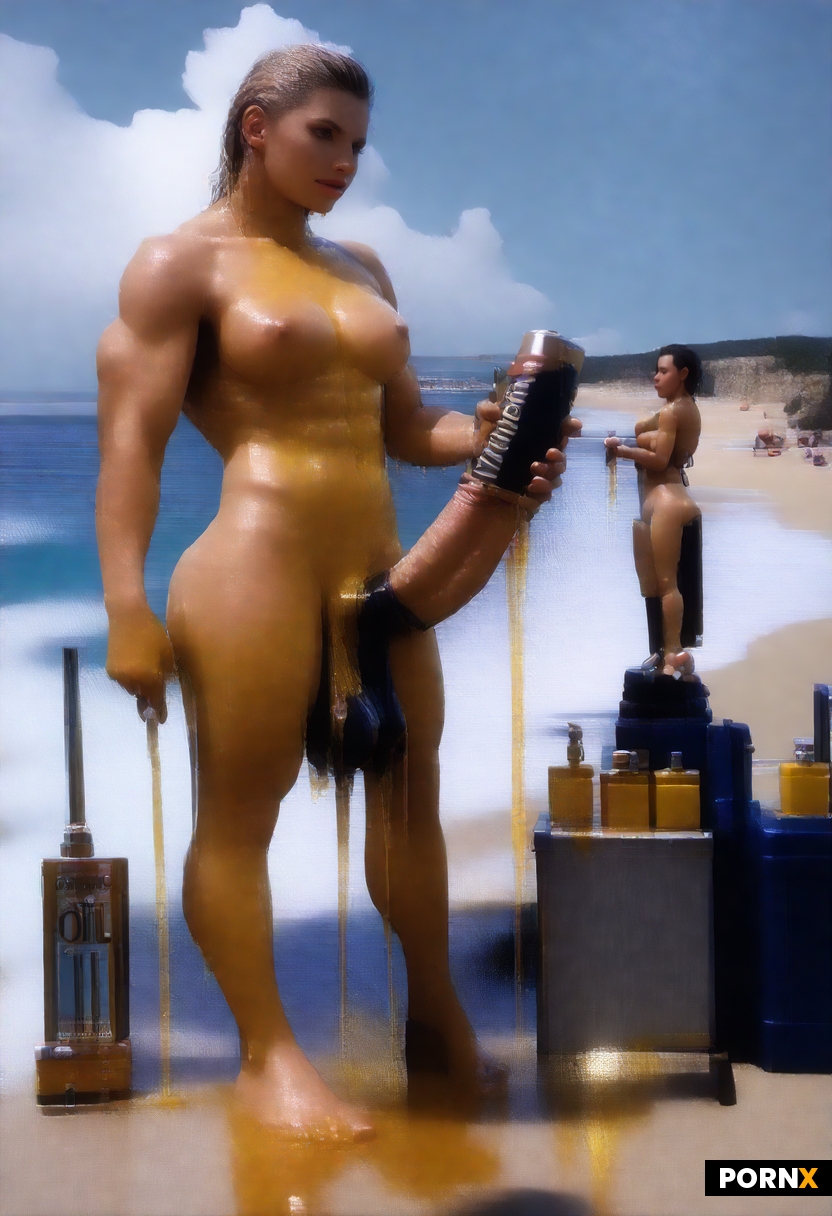There are 9 futanari on the beach and one giant futanari with a colossally long penis that reaches t