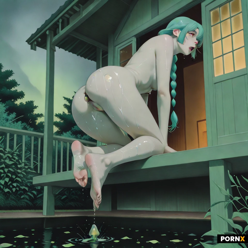 pale skin, blue hair, braided ponytail, very long hair, pink eyes, eye liner, Horny face, shocked, Naked, Full body, ButtPlug inside ass, Film grain, Low angle, Ultra-realistic professional photograph, soft natural light, shallow depth of field, cinematic color grading, staing with wide open legs on a wooden veranda of a cozy country house and show her ass. The scene is set in a lush green garden right after a summer rain. The last fine raindrops are still falling, catching the soft diffused light. Wet wooden floorboards of the veranda glisten, water droplets sparkle on the leaves of surrounding plants and on the railing. Gentle post-rain atmosphere: soft overcast sky with warm golden light breaking through, rich green foliage in the background, subtle mist in the air, highly detailed textures of wet wood, skin, and flower petals. Photorealistic, 8K resolution, professional photography style.