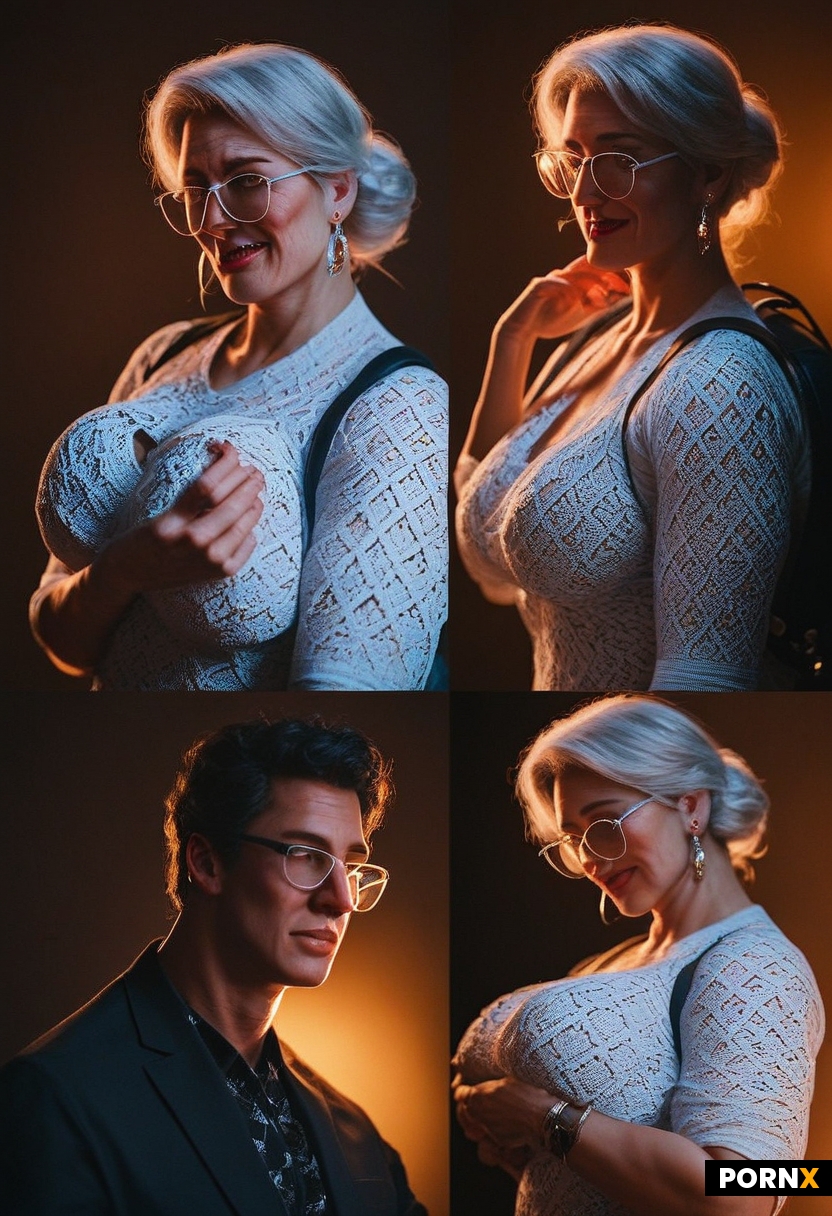 Dapper younger man age is 18 who is  hugging Thick busty Grandmother