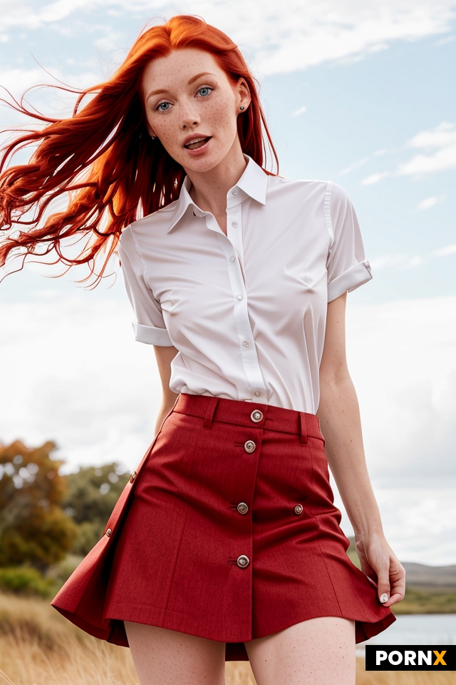 Skinny red haired woman with freckles