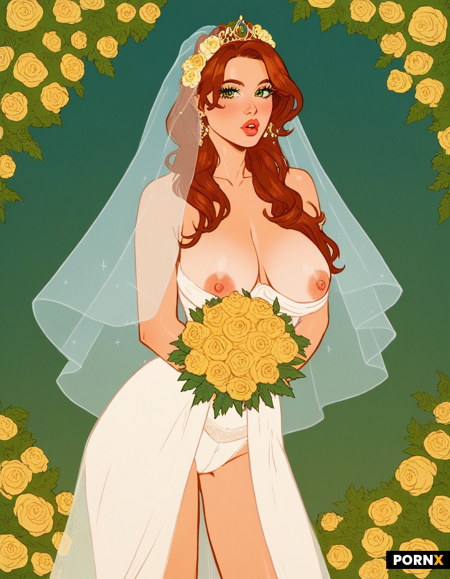 The image portrays a whimsical and extravagant wedding scene