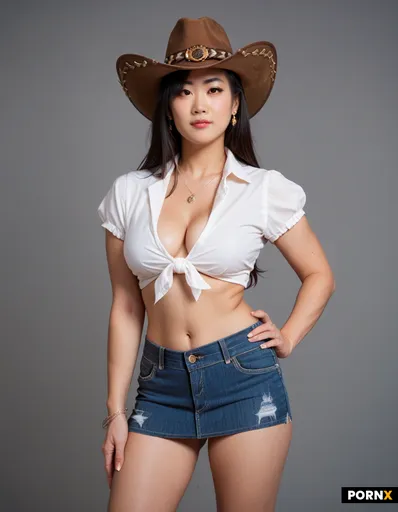 Asian in a cowboy hat with denim skirt and a tide shirt boobs add cosplay